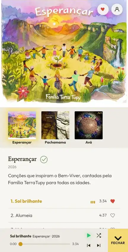 Player aberto com o álbum Esperançar, baixado para ouvir sem internet, tocando, e o mini-doc na página